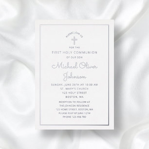 Invitación Con Relieve Metalizado Primera comunión de elegante guión plateado