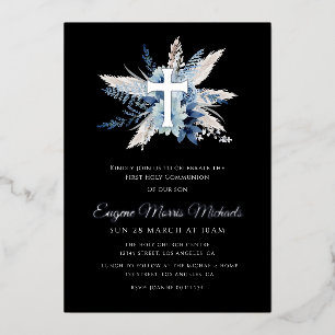 Invitación Con Relieve Metalizado primera comunión de la cruz de plata moderna