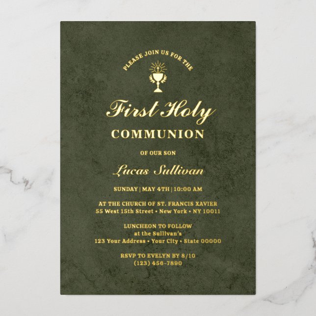 Invitación Con Relieve Metalizado Primera comunión de la Marble de Olive Green Velve (Anverso)