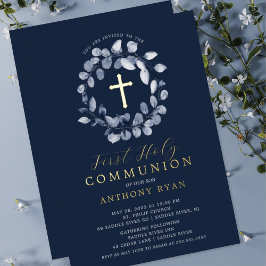 Invitación Con Relieve Metalizado Primera Comunión de los Niños de Hoja Azul