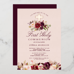 Invitación Con Relieve Metalizado Primera Comunión de Niñas Cruz de Rosa Dorado y Bo