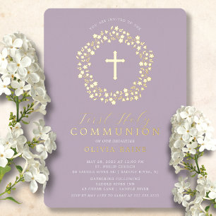 Invitación Con Relieve Metalizado Primera Comunión de Niñas Floral Lavanda