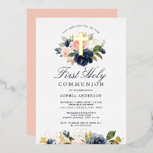 Invitación Con Relieve Metalizado Primera Comunión de Niñas Rosa Oro Naval Floral