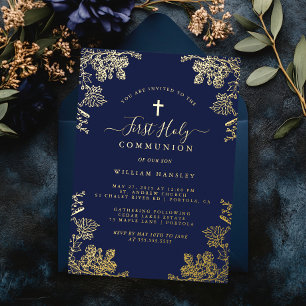 Invitación Con Relieve Metalizado Primera Comunión de Niños con Floral Vintage de la