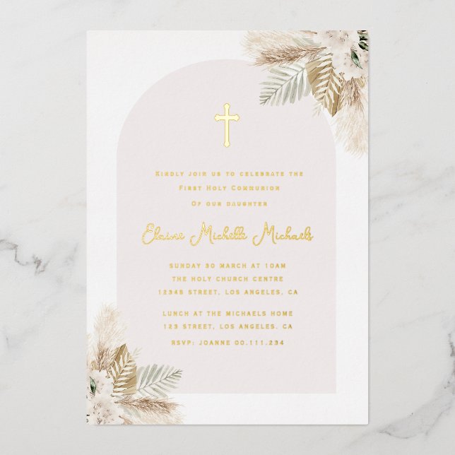 Invitación Con Relieve Metalizado primera comunión de pampas (Anverso)