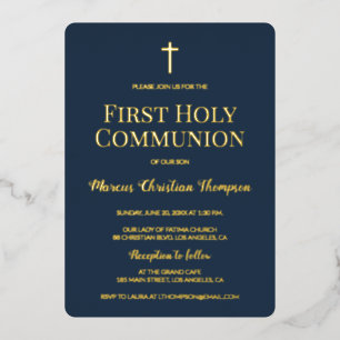 Invitación Con Relieve Metalizado Primera Comunión elegante azul cruz dorada