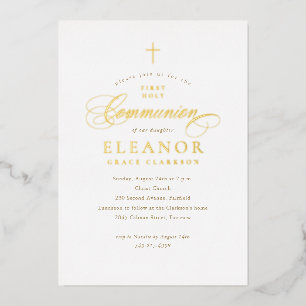Invitación Con Relieve Metalizado Primera Comunión Elegante Caligrafía Cruz de Oro