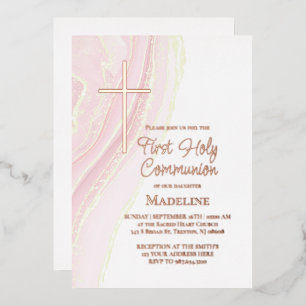 Invitación Con Relieve Metalizado Primera Comunión en acuarela rosa pastel