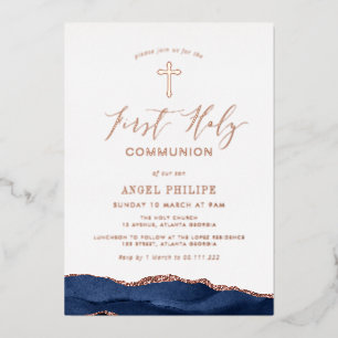 Invitación Con Relieve Metalizado primera comunión en escritura de ágata azul
