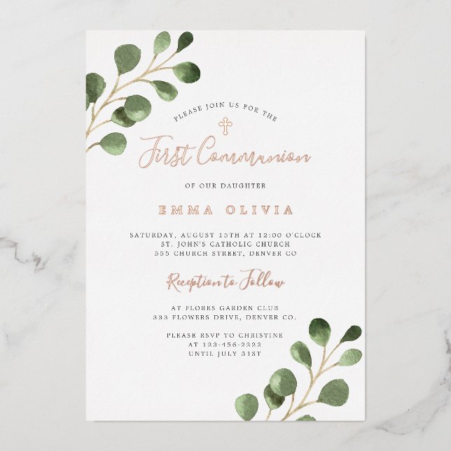 Invitación Con Relieve Metalizado Primera Comunión eucalipto elegante oro rosa (Anverso)