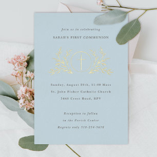 Invitación Con Relieve Metalizado Primera Comunión Eucaristía Azul Dorado