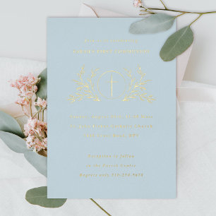 Invitación Con Relieve Metalizado Primera Comunión Eucaristía Azul Dorado