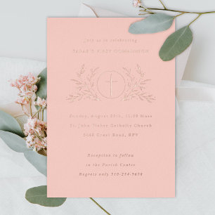 Invitación Con Relieve Metalizado Primera Comunión Eucaristía Rosa Oro