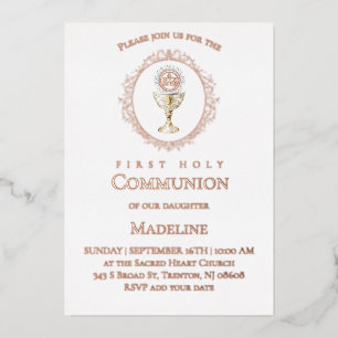 Invitación Con Relieve Metalizado Primera Comunión Eucaristía rosa oro
