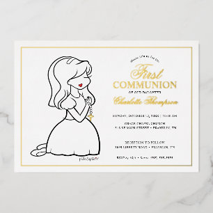 Invitación Con Relieve Metalizado Primera Comunión Filosofías - Niña