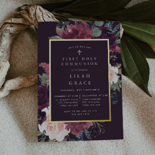 Invitación Con Relieve Metalizado Primera Comunión Flor de Ciruelo