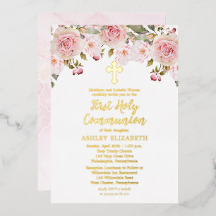 Invitación Con Relieve Metalizado Primera Comunión floral acuarela rosa rubor