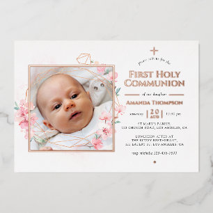Invitación Con Relieve Metalizado Primera Comunión Floral Geométrica en Rose Gold y