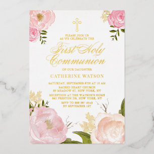 Invitación Con Relieve Metalizado Primera Comunión Floral Rosa Blush Peonía