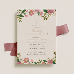 Invitación Con Relieve Metalizado Primera Comunión Floral Rosa Sonrojado Elegante