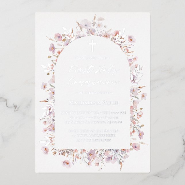 Invitación Con Relieve Metalizado Primera Comunión flores silvestres plata (Anverso)