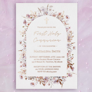 Invitación Con Relieve Metalizado Primera Comunión flores silvestres plata