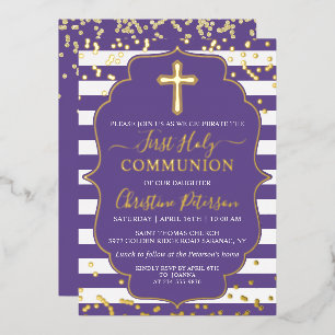 Invitación Con Relieve Metalizado Primera Comunión Foil Dorado Lila Morado Rayas