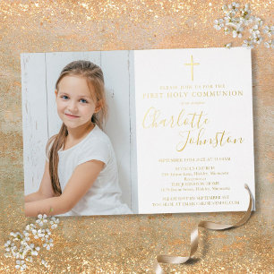 Invitación Con Relieve Metalizado Primera Comunión Foto con Letra Dorada