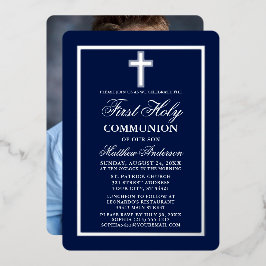 Invitación Con Relieve Metalizado Primera Comunión Foto Cruz de Plata Azul Marino