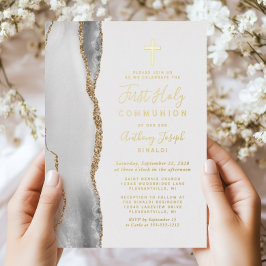 Invitación Con Relieve Metalizado Primera Comunión Gris Blanco Oro Ágata