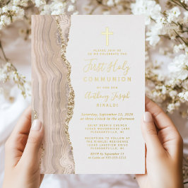 Invitación Con Relieve Metalizado Primera Comunión Ivory Gold Agata