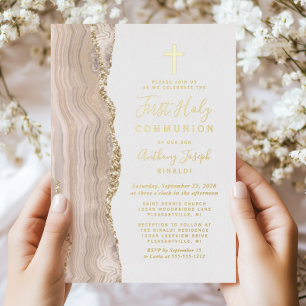 Invitación Con Relieve Metalizado Primera Comunión Ivory Gold Agata