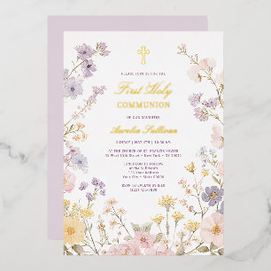 Invitación Con Relieve Metalizado Primera Comunión Marco Floral Pastel