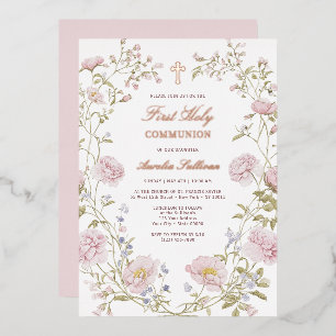 Invitación Con Relieve Metalizado Primera Comunión Marco Floral Rosado
