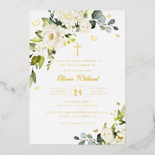Invitación Con Relieve Metalizado Primera Comunión Mariposa Floral Marfil Dorado