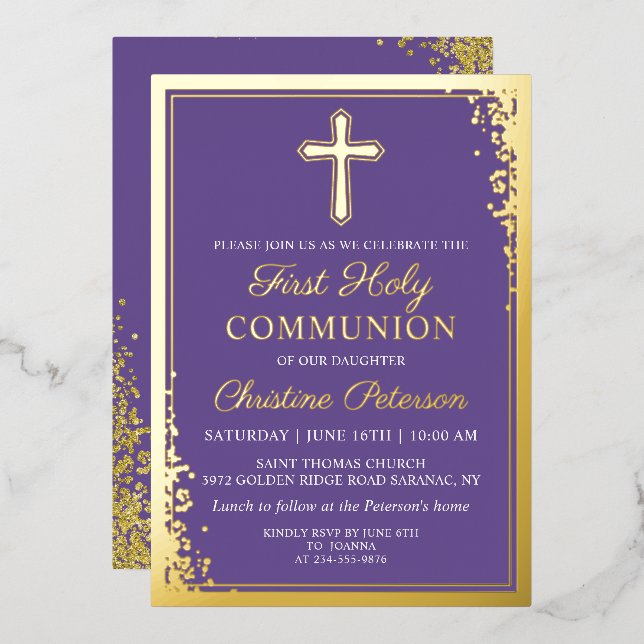 Invitación Con Relieve Metalizado Primera comunión purple de lavanda de oro de Relie (Anverso/Reverso)