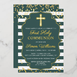 Invitación Con Relieve Metalizado Primera Comunión Rayas Verdes Oro de Hoja Real
