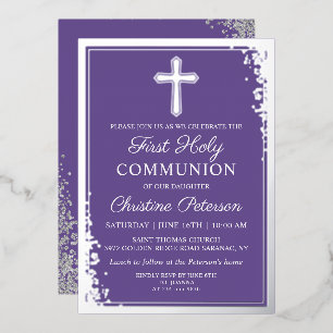 Invitación Con Relieve Metalizado Primera Comunión Real Hoja de Plata Lavanda Púrpur
