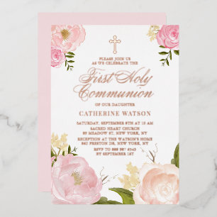 Invitación Con Relieve Metalizado Primera Comunión Rosa Dorado Rosa Sonrosada Peonía