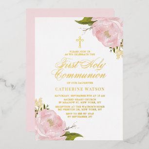 Invitación Con Relieve Metalizado Primera Comunión Rosa Jardinera Rosa Dorada