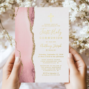 Invitación Con Relieve Metalizado Primera Comunión Rosa Rubor Ágata Dorada