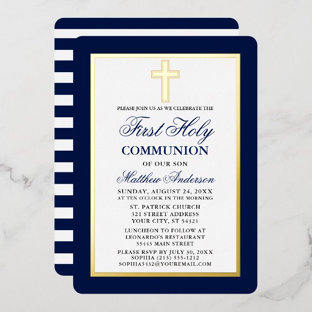 Invitación Con Relieve Metalizado Primera Comunión sagrada cruza las franjas azules  (Anverso/Reverso)