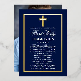 Invitación Con Relieve Metalizado Primera Cruz de la Fotografía de la Comunión de la
