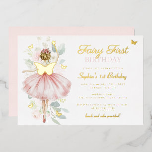 Invitación Con Relieve Metalizado Primera fecha de nacimiento de hadas de mariposa d