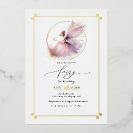 Invitación Con Relieve Metalizado Primera Fiesta de Cumpleaños de Hada