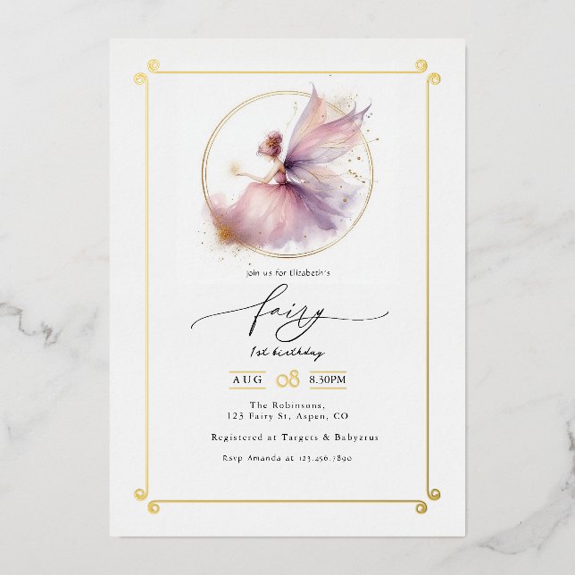 Invitación Con Relieve Metalizado Primera Fiesta de Cumpleaños de Hada (Anverso)