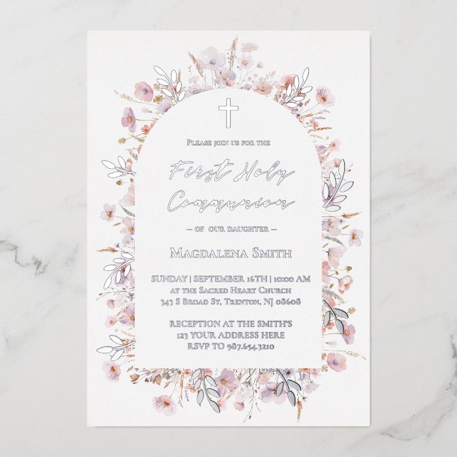 Invitación Con Relieve Metalizado Primera plata de flores silvestres de la Santa Com (Anverso)