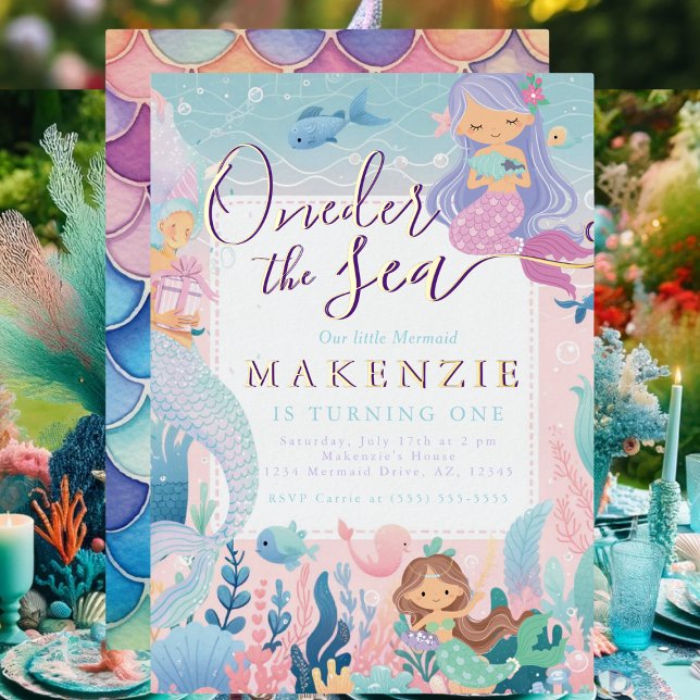 Invitación Con Relieve Metalizado Primera sirena de cumpleaños (Mermaid Birthday Invitation)
