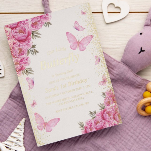 Invitación Con Relieve Metalizado Primeras mariposas rosadas de cumpleaños (Subido por el creador)