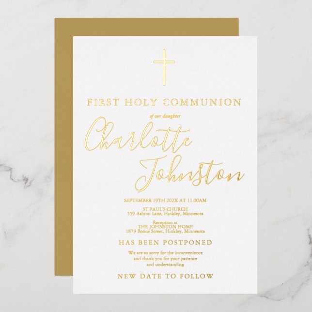 Invitación Con Relieve Metalizado Primerísima Comunión Pospuesta (Anverso/Reverso)